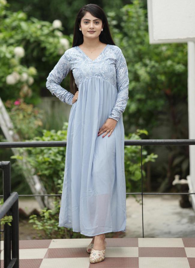 Georgette Sky Blue Casual Wear Hand Work Readymade Gown